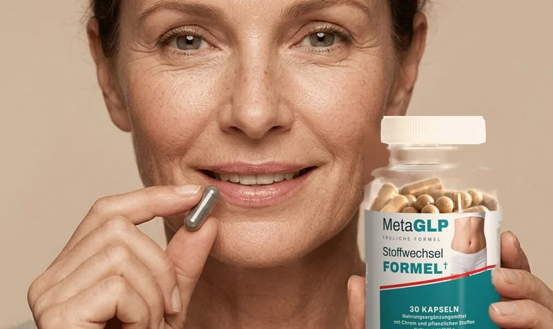 Adult holding a MetaGLP capsule and product bottle